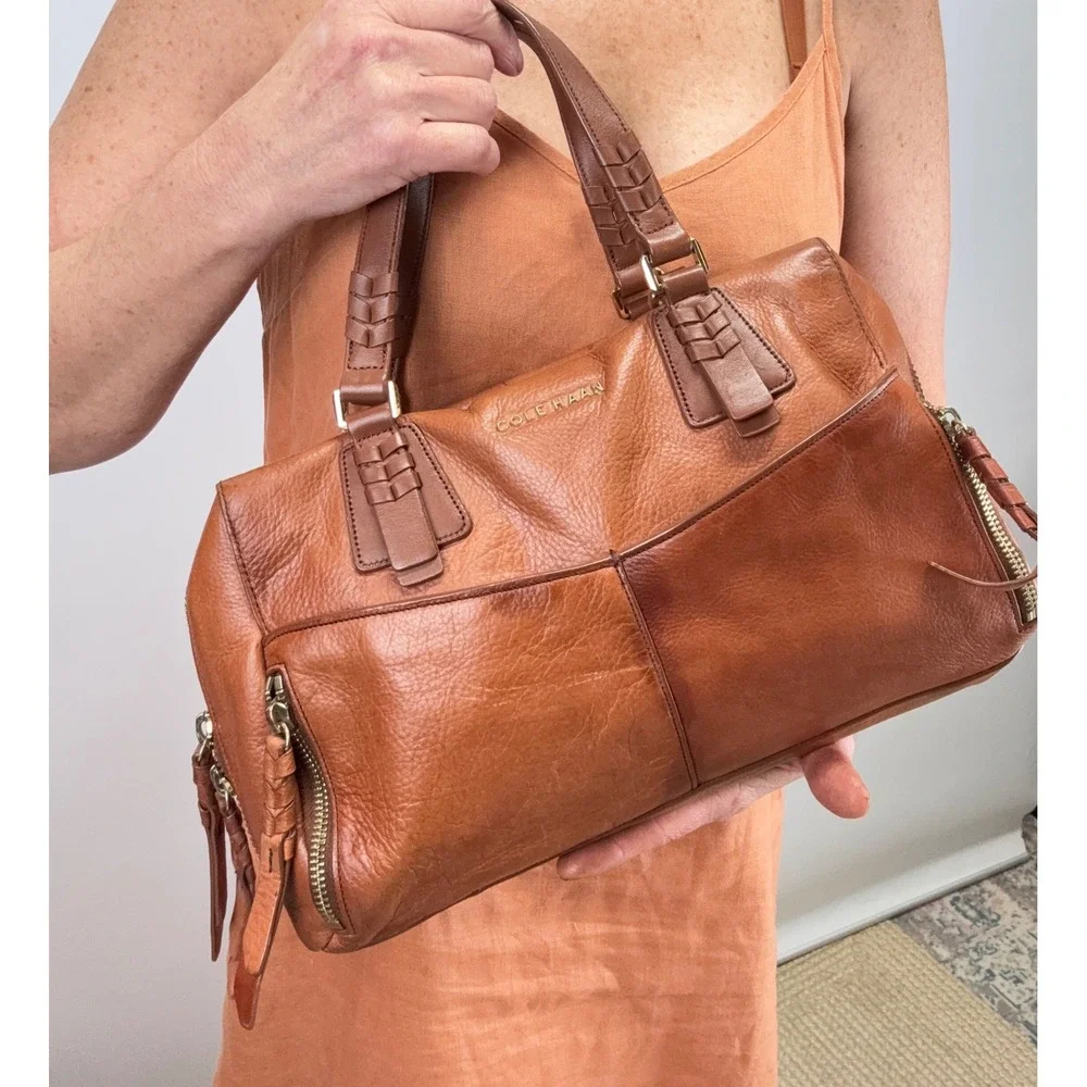 Cole Haan Cognac Leather Satchel Braided Handle Doctor Bag Brown Gold Hardware